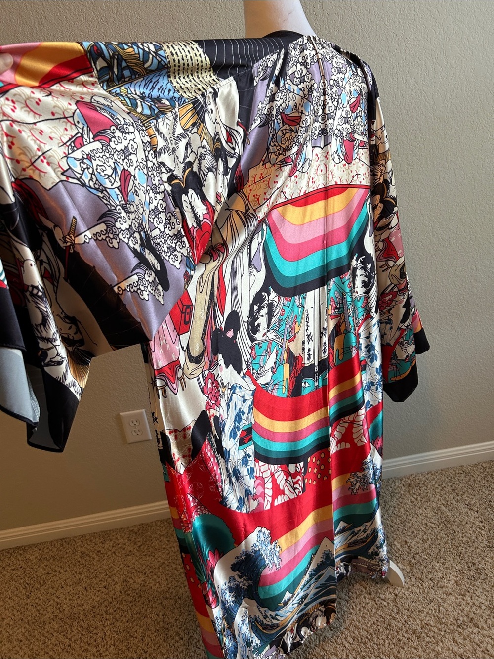 Boho Vibrant Rainbow Print Kimono Cover-Up Long Sleeve Beachwear Robe One Size